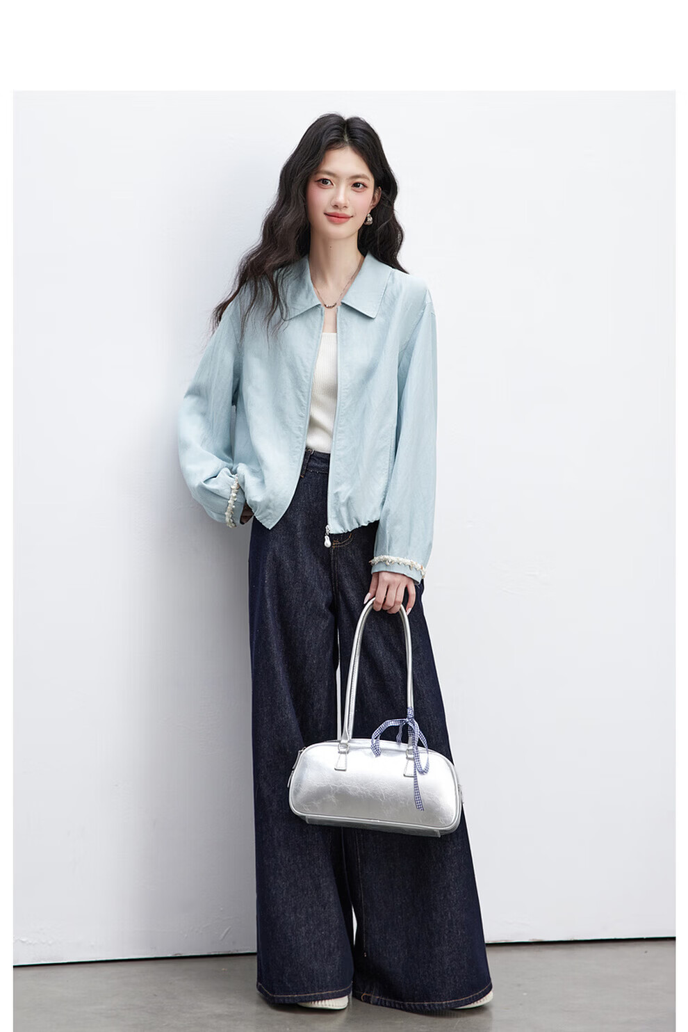 Vimly Baen Style Short Jacket for Women, Spring And Autumn New Arrival, Lyocell Fabric, Petite Versatile Lapel Coat, Water Blue, Size S 14